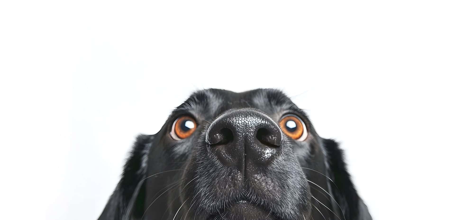 Black dog with brown eyes facing the camera