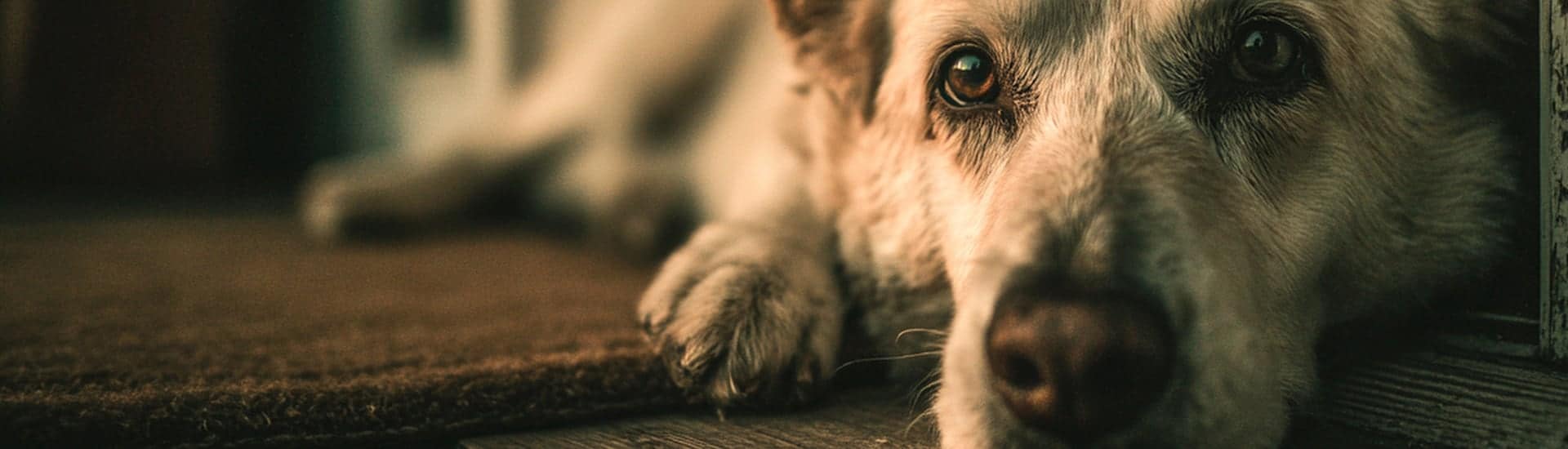 Older dog laying on the floor and looking at the camera